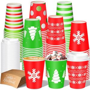Mimorou 120 Pack Christmas Coffee Cups with Lids and Sleeves, 12 oz Disposable Paper Holiday Party Cups Printed with Snowflakes, Christmas Trees, Stripes and Polka Dots for Xmas Party Supplies