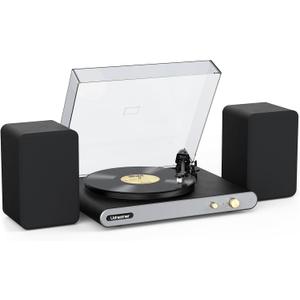 Vinyl Record Player with 40W Bookshelf Speakers and Dual Bluetooth,Hi-fi System Turntable with USB Record,Built-in Phono Preamp, Counterweight, Pitch and AT-3600L,PU Leather Black