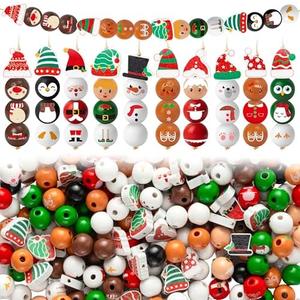 HoniedPepperino Christmas Wooden Bead with Twine - 240Pcs DIY Santa Claus Snowman Gingerbread Man Elf Bead Garland Crafts, Xmas Farmhouse Rustic Round Decor Ornaments for Christmas Winter Party Home