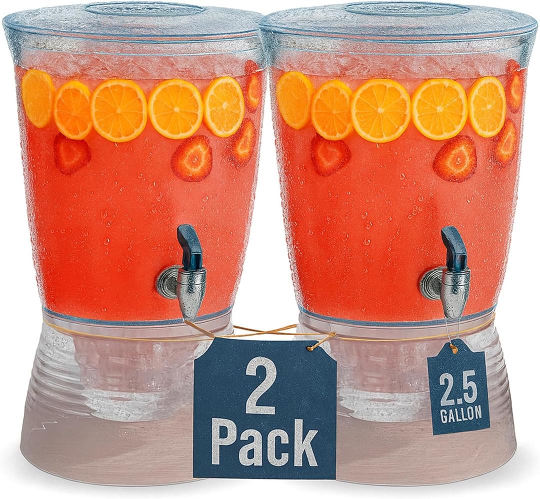Drink Dispensers for Parties (2.5 Gallon) Large Plastic Water Dispenser for Counter Tops, No Mess, Easy to Assemble & Wash, Up to 40 Drinks (2 Pack)