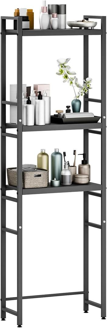 Over The Toilet Storage | 3-Tier Bathroom Organizer Shelf Over Toilet with Adjustable Shelf and Basket | Non-Slip Base,Strong Load-Bearing High Stability Bathroom Organizer,Black Black