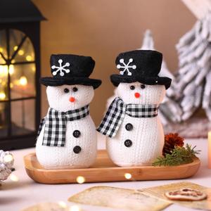 2 Pcs Winter Snowman Plush Toys 6'' Snowman Figurines with Black and White Checkered Scarf Christmas Snow Man Table Centerpieces for Holiday Winter Home Table Fireplace Decor
