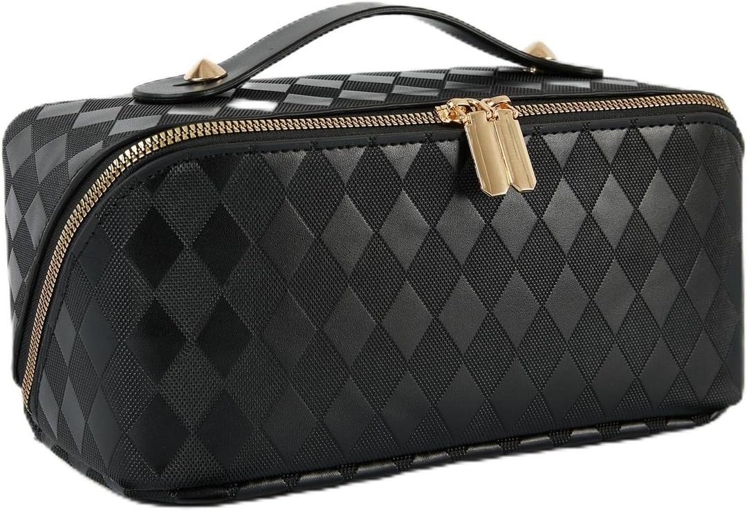 Travel Makeup Bag Large Capacity Cosmetic Bags for Women, Waterproof Toiletry Bag Open Flat Makeup Bag with Compartments and Handle, Portable Cosmetic Organizer Pouch, Diamond Black