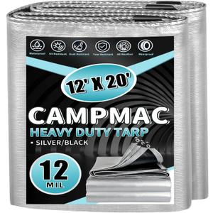 Heavy Duty Tarp 12' x 20', 12 Mil Thick Waterproof Poly Tarps, High Durability, Rip and Tear Resistant with Metal Grommets Every 20 Inches (Silver/Black)