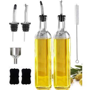 Leaflai Olive Oil Dispenser Bottle, 2 Pcs Glass Olive Oil Dispenser and Vinegar Dispenser Set with 2 Stainless Steel Pourers, 4 Labels,1 Brush and 1 Funnel Oil Bottles for Kitchen (500ml)