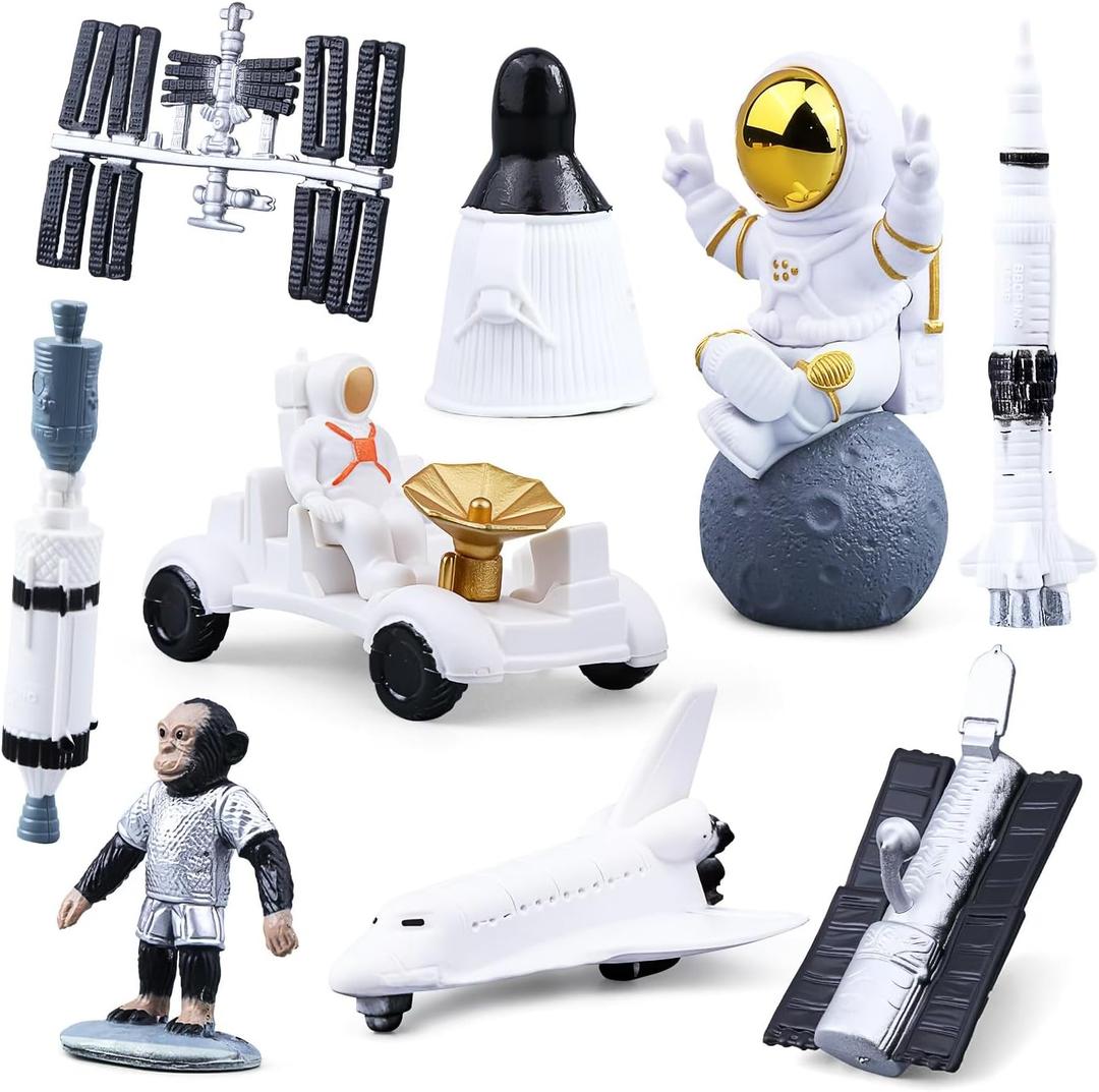 Astronaut Figures Set, Cute Mini Space Theme with Spaceman, Spaceship, Car, Rockets, Satellites for Desktop Kids Birthday Cake Decorations Party Favors