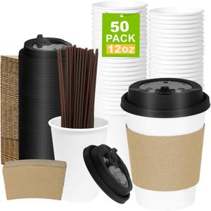 Disposable Coffee Cups, 12 oz 50 Pack PLA Paper Coffee Cups with Lids and Sleeves, Leak-Proof To Go Coffee Cups, Disposable Hot Coffee Cups for Hot Beverage