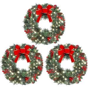 Glitinsel 3 Pack 16 Inch Christmas Wreath Decorations with Lights Battery Operated 50 LED Artificial Christmas Wreath for Front Door with Red Bow Pine Cones Berry for Outdoor Indoor Window Wall Decor