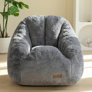 MAXYOYO Kids Bean Bag Chair, Comfy Bean Bag Sofa with Back Support, Faux Fur Cute Chair for Boys and Girls, Stuffed Floor Sofa for Nursery, Bedroom, Grey, Standard