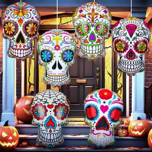 Soaoo 6 Pcs 24 Inch Inflatables Sugar Skull Decorations Blow up Day of The Dead Inflatable Dia De Los Muertos Large Double Sided Halloween Decor for Mexican Fiesta Party Yard Lawn Garden Outdoor