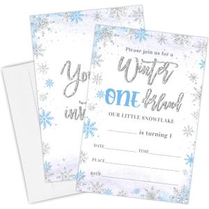 20 Winter Onederland Birthday Invitation Card With Envelopes,4" x 6" Double-sided Fill In Invites For Boys, Girls, Birthday Party Invitation Cards Supplies(Blue) - A01
