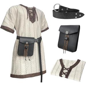 HiiFeuer Medieval Stripe Loose Tunic Top, With Vintage Belt and Bag, Renaissance Knight Lace Up Shirt, Viking Pirate Costume (Large)