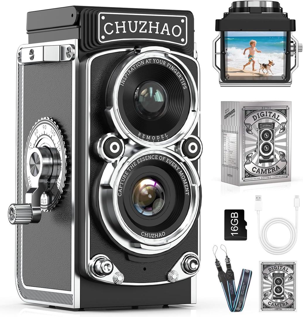 CHUZHAO Digital Camera Retro, Portable TLR Style Twin-Lens Vintage Camera, 12MP Autofocus 1080P FHD Point and Shoot Pocket Vlogging Retro Digital Cameras with16 GB Card for Beginners Teens Boys Girls (Black)