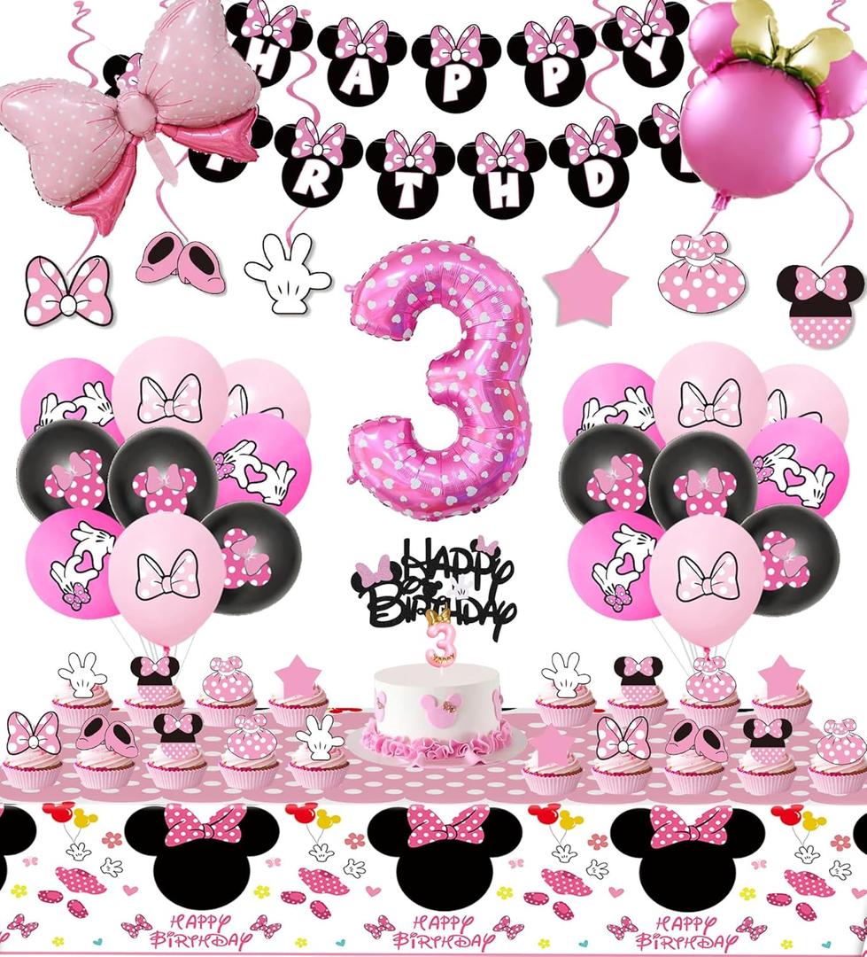 Pink Mouse 3rd Birthday Party Supplies, Three Years Old Girl Bow Party Decorations 3 Includes Happy Birthday Banner, Hanging Swirls, Tablecloth, Cake Cupcake Toppers, Bow Foil Balloon, Latex Balloons