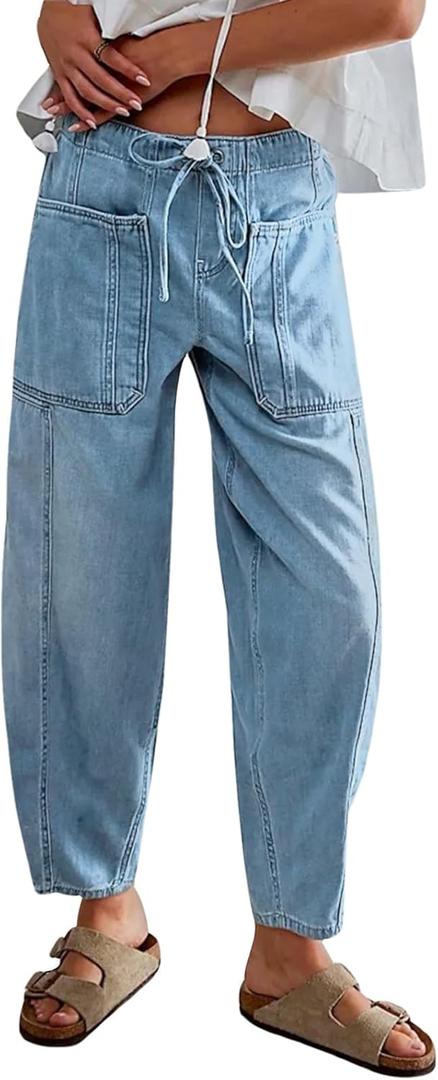 LifeShe Women's Wide Leg Baggy Jeans Elastic Waist Barrel Jeans Trendy Loose Drawstring Ankle Denim Pants (Blue, L)