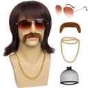 5pcs Set 70s 80s Disco Wig With Mustache Glasses Golden Chain Wig Cap Mens Short Brown Funny Mullet Wigs For 60s Retro Outfit Men Party Hippies Rocker Singer Costume Cosplay Halloween