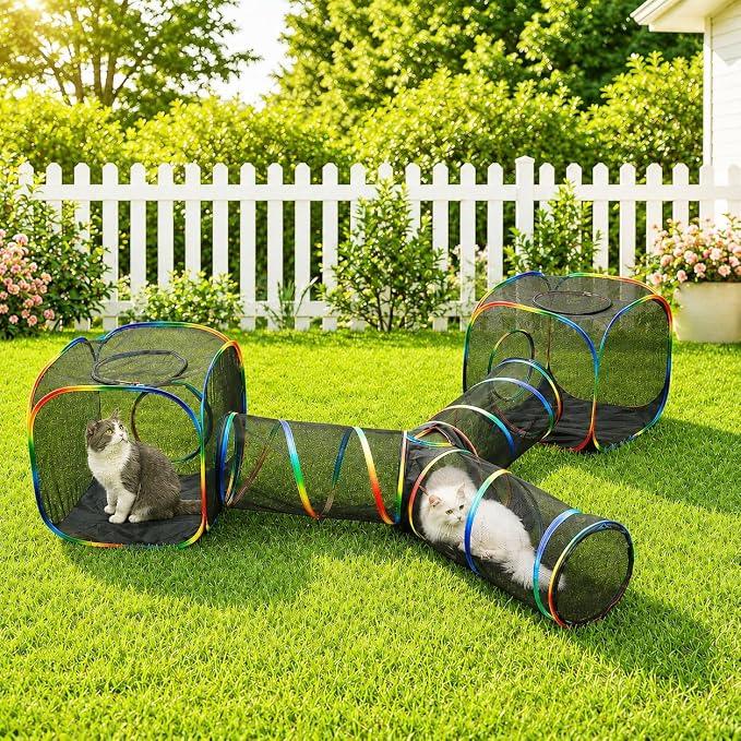 Outdoor Rainbow Cat Enclosures Playground,Outside House for Indoor Cats Include Portable Tent, 3 Way with 2 Cube Tunnel, for Kitty and Small Animals,Within Storage Bag