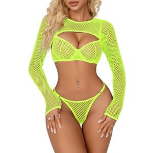 Lilosy Sexy Fishnet Sheer Underwire Rave Outfits Top Bra Panty 3 Piece Lingerie Set, XXL