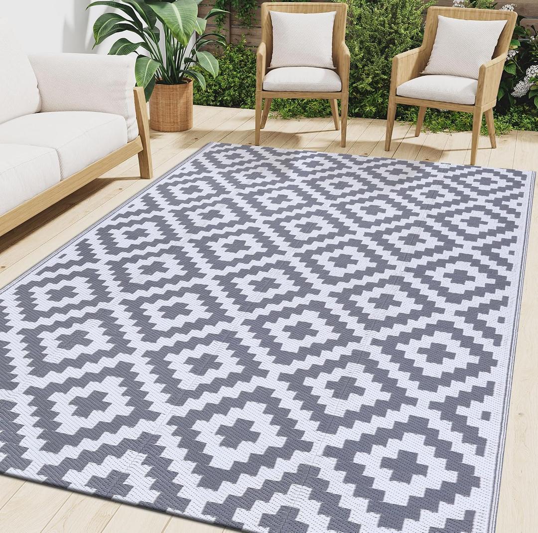 Smiry Waterproof Outdoor Rug 9x12 ft, Reversible Plastic Straw Patio Camping Rugs, Outdoor Indoor RV Mat Carpet for Patio, Outside Entry, Backyard, Deck, Bench, Picnic, Camper, White & Grey