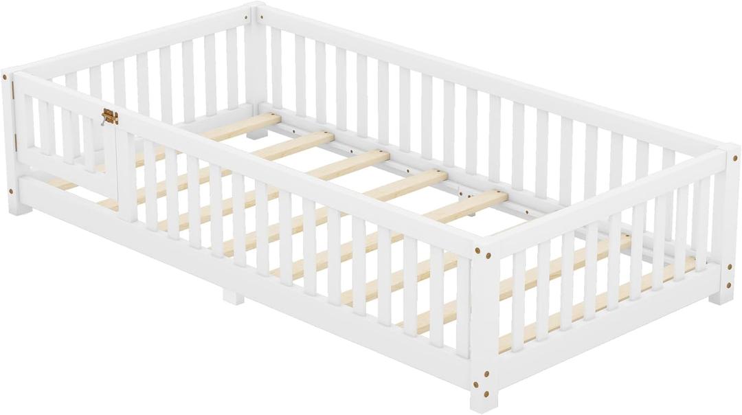 Bellemave Twin XL Floor Bed Frame with 18.5" High Guardrails & Detachable Side Fence, Low to Ground Wood Twin XL Platform Bed for Kids Girls Boys with 8 Sturdy Slats Load 350LBS, White