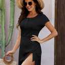 CiCiBird Swimsuit Coverup for Women Waffle Knit V Neck Short Sleeve Beach Cover up Dress Summer Vacation Outfits Black L (Black, L)