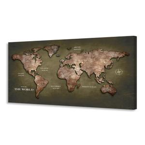 KUNHAAH Canvas Wall Art lagre Brown map of the World Painting Ready to Hang Framed Vintage World Map Artwork Prints for Living Room, Office Decor, Large Map Wall Decor 20"x40"