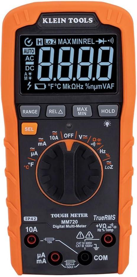 Klein Tools MM720 Digital Multimeter, Auto-Ranging TRMS, Low Impedance (LoZ), 1000V AC/DC Voltage, 10A AC/DC Current, 60 MOhms Resistance