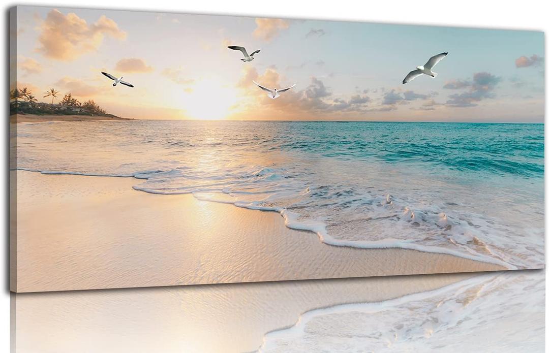 Beach Wall Art Decor for Living Room Ocean Canvas Picture for Wall Gold Sunset Painting for Bedroom Blue Seascape Theme Art Print for Bathroom Home Office Decoration Ready to Hang(20"x40")