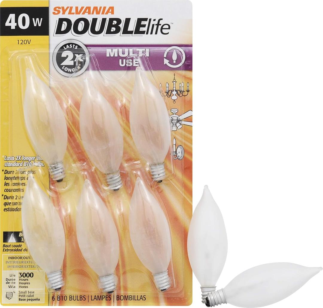 Sylvania Double Life Incandescent Light Bulb, B10, 40W, Dimmable, Candelabra Base, 285 Lumens, Frosted - 6 Count (Pack of 1) (15323)