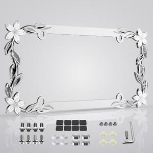 Flower Bling License Plate Frame Tag Holder Cover  Cute Girly Car Accessory for Women, 3D Shining Chrome Painted Zinc Alloy Metal, Trendy and Rust-Resistant Design, Fits US & Canada