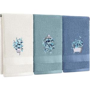 3 Pcs Blue Eucalyptus Leaves Hand Towels Botanical Bathroom Decor Embroidered Floral Leaves Farmhouse Blue Decorative Towels for Bathroom Kitchen, 100% Cotton, 13.3 x 29.5''