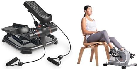 Sunny Health & Fitness 2-in-1 Premium Power Stepper with Resistance Bands + Magnetic Under Desk Mini Exercise Cycle Bike, with Digital Monitor and Carrying Handle