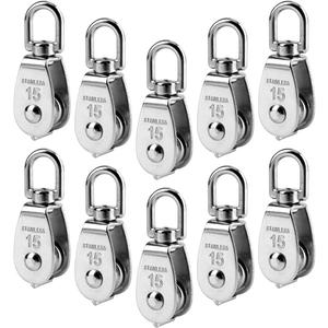 Pack of 10 Small Pulley M15, M15 Lifting Single Pulley, Stainless Steel Wire Rope Crane Pulley Block Hanging Wire Towing Pulley Wheel for Towing Traction, 35 kg Load Capacity, Silver