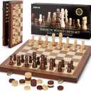 2 in 1 Magnetic Chess Set & Checkers Board Game, 15" Wooden Folding Chess Board with 2 Extra Queens, Portable Travel Chess Set with Pieces Storage Slots, Beginner Chess Board Game for Adults & Kids