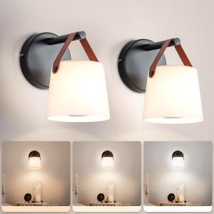 Soilsiu Battery Operated Wall Sconce Set of 2, Frosted Glass Wall Lights with 4500mAh Battery, 3 Color Modes, Touch & App Control, Matte Black Mount & Leather Hanging
