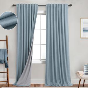 KOUFALL Stone Blue Linen Blackout Curtains 92 Inches Long for Bedroom Living Room (52"W x 92"L (Pack of 2))