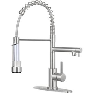 Kitchen Faucets with Pull Down Sprayer, Single Handle Double Headed, Stainless Steel Commercial Kitchen Sink Faucet with Deck Plate Cover, 1 or 3 Hole, Brushed Nickel