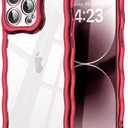 SKYLMW Compatible with iPhone 14 Pro Max Case, Kawaii Cute Curly Wave Frame Luxury Plating Edge, Stylish Glossy Clear Back, Soft TPU Shockproof Protective Cases for iPhone 14 Pro Max, Red