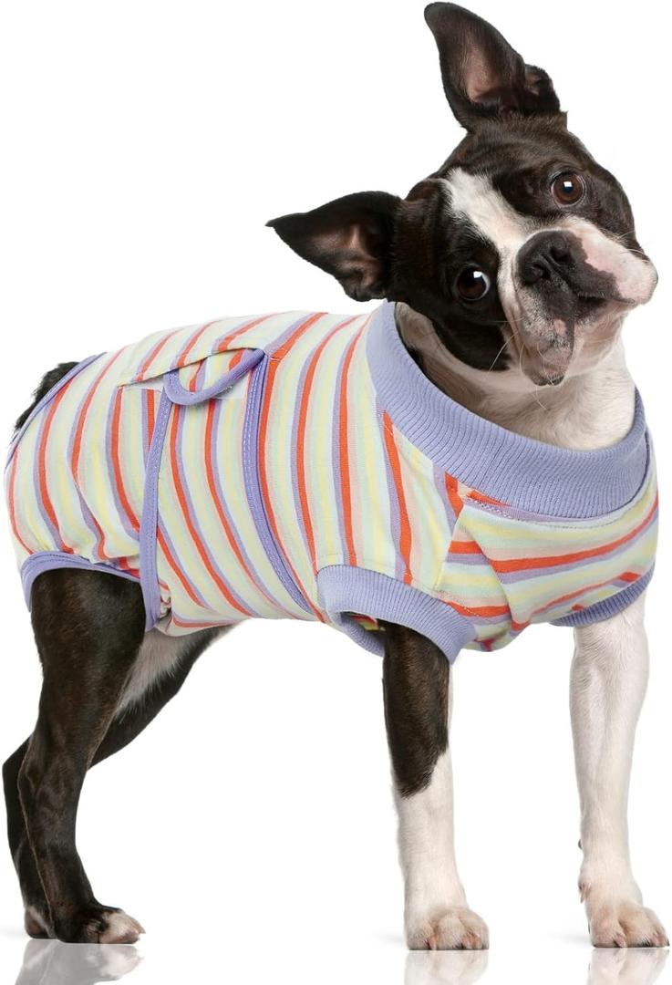 FUAMEY Recovery Suit for Dogs After Surgery,Soft Breathable Dog Bodysuit E-Collar & Cone Alternative Surgical Suit,Male Female Dog Neuter Spay Suits Anti Licking Wounds Onesie Purple Stripes M (M(Back:13.4-16.1in,WT:14-25lbs))