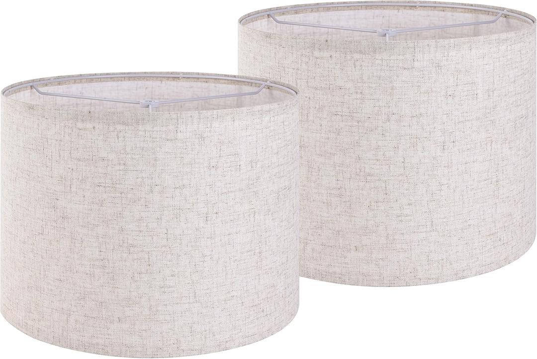 Set of 2 Drum Lampshades for Table, Floor & Bedside Lamps - 13 * 13 * 10 inch, Medium Beige Gray Shades - Natural Fabric Spider Fitter - Modern & Rustic Interiors - By GO&SO Assembly Required (Oatmeal Linen)