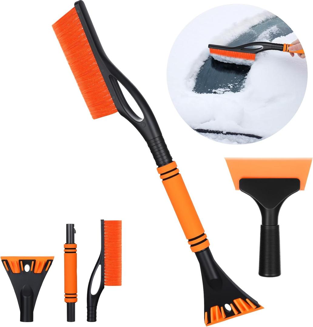 Lasnten Orange 24'' Snow Brush and Ice Scraper for Car Windshield Set, 2 in 1 Detachable Snow Scraper with Soft Grip Handle and Additional Handhold, Multi-Functional Removal Tool for Car, Truck, SUV