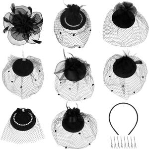 Geyoga 8 Pcs Mardi Gras Fascinators Funeral Hats Pillbox Hat with Veil Feather Headband for Women Tea Party Carnival Costume (Black)