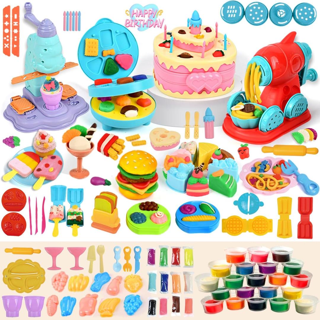 104 PCS 4 in 1 Color Dough Kitchen Creations Set: Ice Cream Playset Noodle Hamburger Cake Maker Machine, Art Crafts Dough Tools Kit, Kitchen Creations Food Play Toys for Boys Girls 4-8