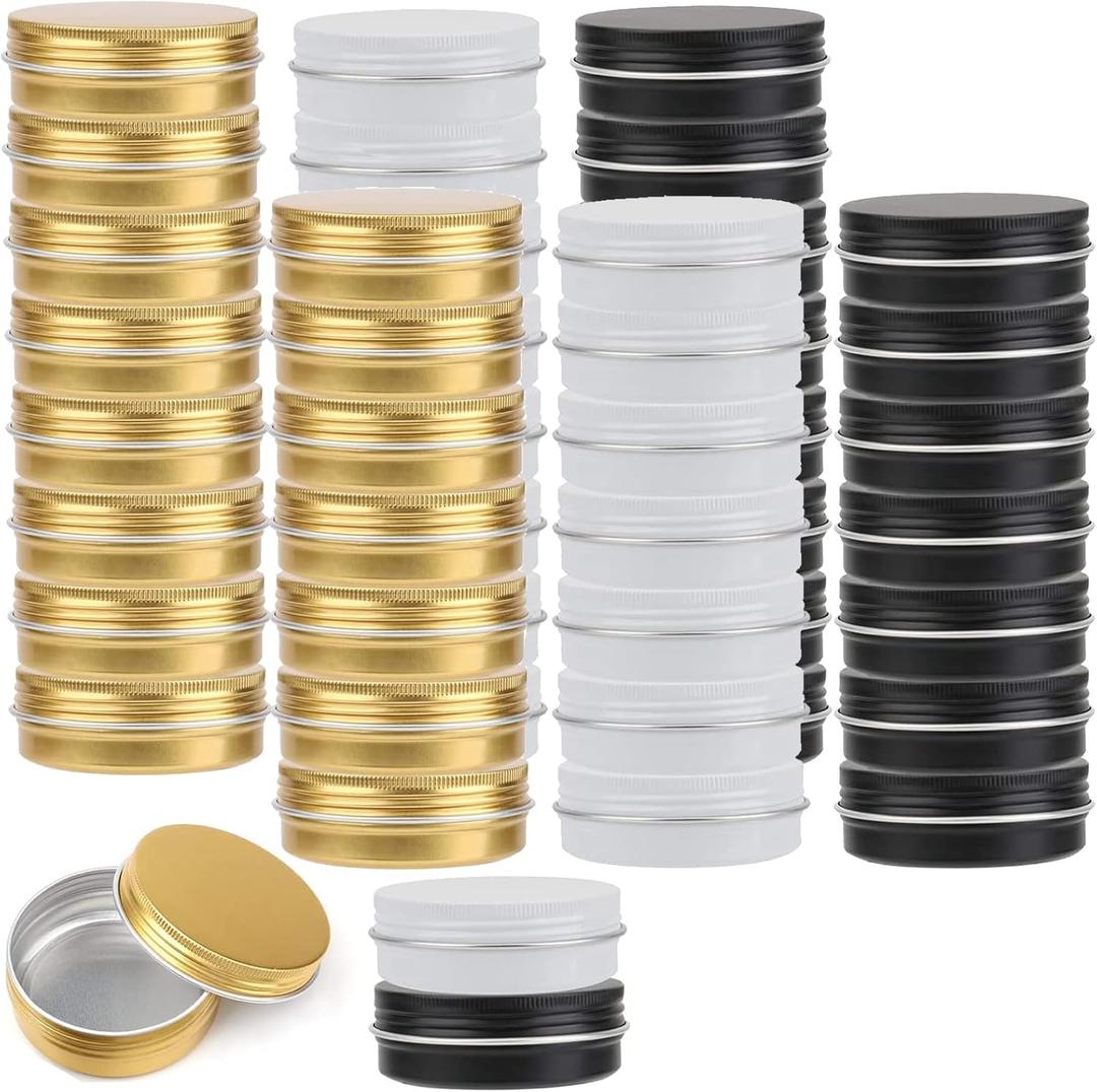 Tosnail 48 Pack 2 oz Round Tins with Screw Lids Lip Balm Tin Container Aluminum Empty Tins Cosmetic Containers Metal Storage Tin Jars - Black, White and Gold