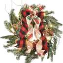 Christmas Wreath with Lights, 18 Inch Lighted Outdoor Christmas Wreath - Prelit Winter Xmas Door Wreath with Berry, Pine Leaf for Thanksgiving Holiday Wall Window Decorations