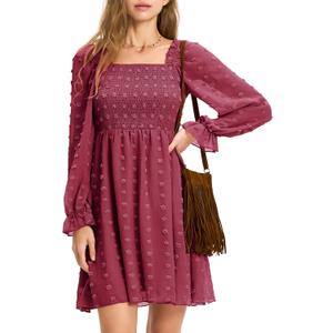 EXLURA Women's 2025 Fall Long Sleeve Party Swiss Dot Dress Smocked Ruffle Cocktail Mini Dresses (M)