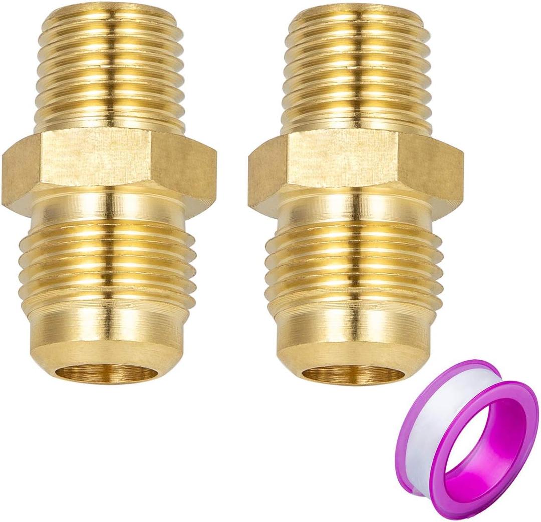 2 PCS Brass Tube Fitting, Half Union Gas Adapter 3/8" Flare x 1/4" NPT Male Pipe Connector