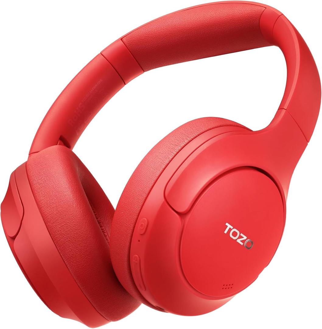 TOZO HT2 Hybrid Active Noise Cancelling Headphones, Wireless Over Ear Bluetooth Headset, 60H Playtime, Hi-Res Audio Custom EQ via App Deep Bass Comfort Fit Ear Cups, for Home Office Travel Red