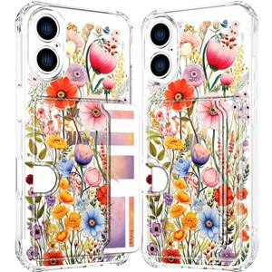Compatible with iPhone 17 Case Card Holder for Women Cute Design,Wallet Phone Cases Transparent Cool Kawaii Protective (Clear Flowers Lily Girly Florals)