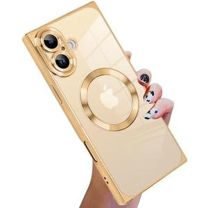 KANGHAR Case Designed for iPhone 16 Plus Case Magnetic Clear with Camera Lens Protector[Compatible with MagSafe] Luxury Cute Plating Design Full-Body Shockproof Protection Cover Gold